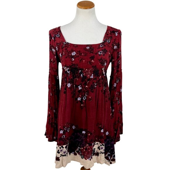 RARE Free People Floral Burgundy Bell Slv Mini Dress | Grunge Fairy Whimsigoth S - Picture 3 of 16